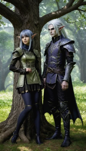 cosplay image,warrior and orc,elves,male elf,elven forest,witcher,heroic fantasy,partnerlook,fantasy picture,vilgalys and moncalvo,guards of the canyon,violet head elf,digital compositing,cosplay,hanging elves,two oaks,knight armor,knight festival,protectors,father and daughter,Illustration,Japanese style,Japanese Style 18