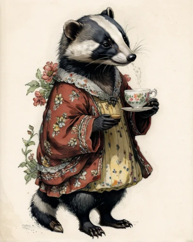 virginia opossum,common opossum,badger,north american raccoon,opossum,raccoon,mustelid,anthropomorphized animals,mustelidae,raccoons,polecat,animals play dress-up,possum,striped skunk,rocket raccoon,whimsical animals,kate greenaway,musical rodent,raccoon dog,coatimundi,Illustration,Paper based,Paper Based 29