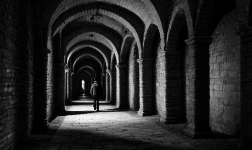 corridor,abbaye de belloc,michel brittany monastery,hall of the fallen,passage,cloister,caravansary,dracula's birthplace,ibn tulun,catacombs,ksvsm black and white images,monastery israel,crypt,monastery,dark gothic mood,arches raven,goth whitby weekend,archway,monochrome photography,haunted cathedral