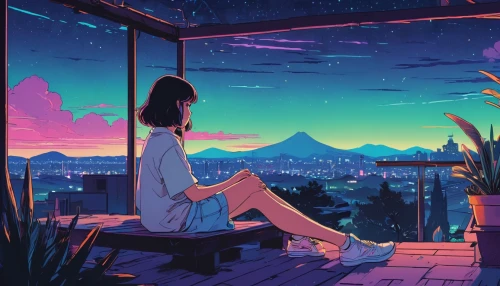 summer evening,fireflies,dream world,atmosphere,stargazing,scenery,daydream,evening atmosphere,tranquil,falling stars,hideaway,aesthetic,dreaming,night sky,windowsill,calming,nightsky,starlight,dream,the horizon,Illustration,Japanese style,Japanese Style 06