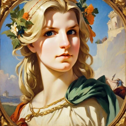 artemisia,portrait of a girl,girl in a wreath,jessamine,laurel wreath,portrait of a woman,apollo,cepora judith,bougereau,bouguereau,angelica,flora,eufiliya,nero,artemis,athena,rusalka,portrait of christi,fantasy portrait,lacerta