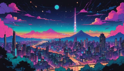 futuristic landscape,valerian,fantasy city,cityscape,tokyo city,tokyo,colorful city,metropolis,alien planet,space art,meteor,alien world,planet,would a background,vast,sky city,vapor,earth rise,dusk,sky,Illustration,Japanese style,Japanese Style 06