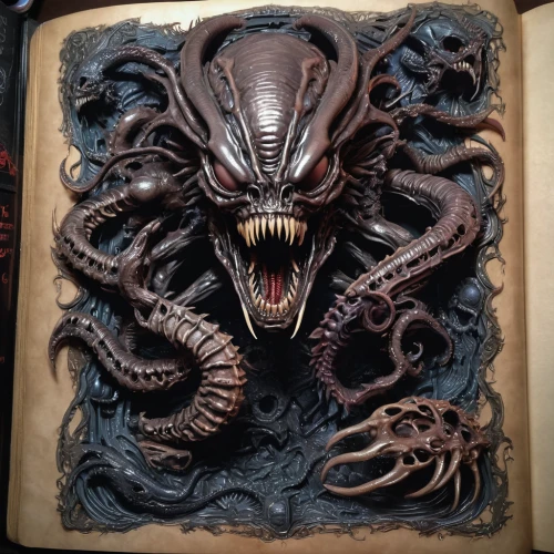 allies sculpture,krampus,venom,kraken,calamari,scrape book,magic grimoire,spiral book,wood carving,buckled book,prayer book,burnt pages,cuthulu,carved wood,wyrm,vector spiral notebook,cawl,serpent,snake's head,dark art,Illustration,Realistic Fantasy,Realistic Fantasy 47