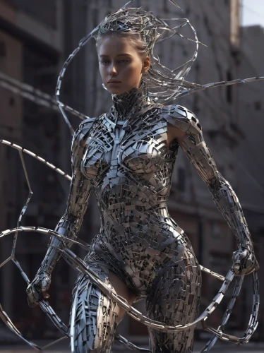 cyborg,biomechanical,electro,female warrior,huntress,warrior woman,sprint woman,wireframe,head woman,chainlink,katniss,see-through clothing,barb wire,exoskeleton,spider net,cybernetics,tangle-web spider,armored,silver,woven,Photography,Artistic Photography,Artistic Photography 11