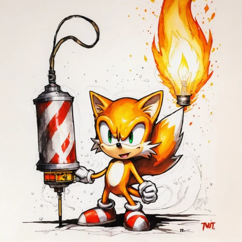 tails,flaming torch,fire artist,extinguisher,torch-bearer,sonic the hedgehog,fire extinguisher,pyrotechnic,torch,burning torch,blow torch,pyrotechnics,fire-eater,smouldering torches,rocket raccoon,firespin,igniter,spark fire,fire eater,power-up,Illustration,Paper based,Paper Based 07