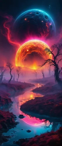 fantasy landscape,mushroom landscape,alien planet,alien world,fire planet,nuclear explosion,mushroom cloud,volcanic field,futuristic landscape,dead vlei,volcanic landscape,acid lake,fantasy picture,volcanic,burning earth,atomic bomb,meteor,volcano,supernova,psychedelic art,Illustration,Realistic Fantasy,Realistic Fantasy 37