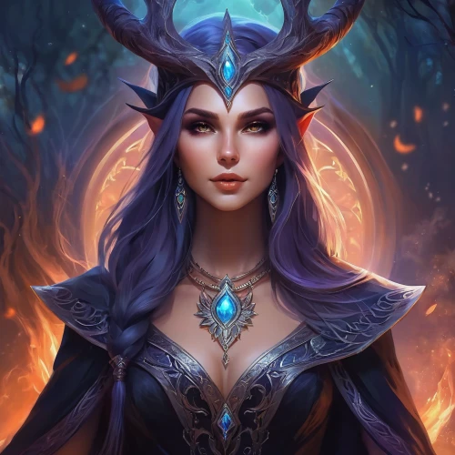 violet head elf,fantasy portrait,sorceress,blue enchantress,dark elf,mara,the enchantress,druid,fantasy art,elza,priestess,elven,custom portrait,twitch icon,eufiliya,fantasy picture,portrait background,venera,zodiac sign libra,glowing antlers,Illustration,Realistic Fantasy,Realistic Fantasy 01