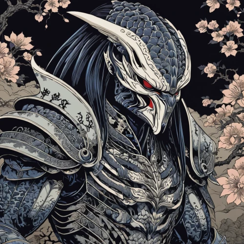 samurai,goki,japanese art,shinigami,amano,samurai fighter,konghou,kasuga,haegen,alien warrior,garuda,hijiki,yi sun sin,death god,warlord,tsukemono,dragon of earth,takuan,katana,japanese floral background,Illustration,Realistic Fantasy,Realistic Fantasy 46