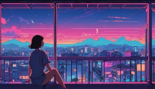 above the city,cityscape,sky apartment,city lights,evening city,colorful city,rooftop,rooftops,overlook,skyline,dream world,tokyo city,city view,windows,citylights,dusk background,the horizon,pink dawn,windowsill,taipei,Illustration,Japanese style,Japanese Style 06