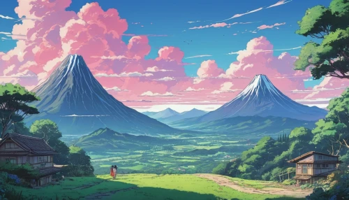 meteora,mountain world,mountain landscape,studio ghibli,mountainous landscape,mountain scene,high landscape,mountains,landscape background,mountain valley,high mountains,mountain,mountain plateau,valley,giant mountains,fantasy landscape,japanese alps,mountain range,cloud mountains,cloud mountain