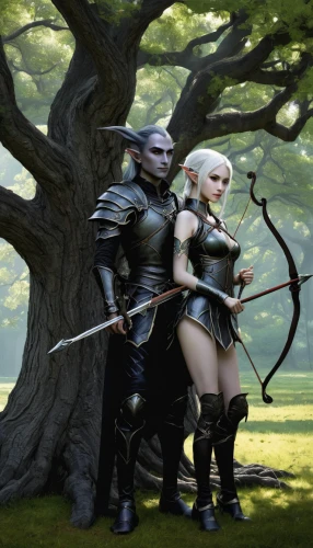 dark elf,3d archery,heroic fantasy,fantasy picture,elves,warrior and orc,massively multiplayer online role-playing game,bow and arrows,longbow,male elf,quarterstaff,hanging elves,fantasy art,3d fantasy,swordswoman,archery,female warrior,witcher,bows and arrows,field archery,Illustration,Japanese style,Japanese Style 18