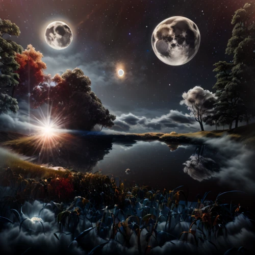 lunar landscape,fantasy picture,the night of kupala,fantasy landscape,moonlit night,moon and star background,photo manipulation,celestial bodies,phase of the moon,moonscape,moons,photomanipulation,fantasy art,moonlit,moon phase,image manipulation,moonbow,dream world,the night sky,moon night