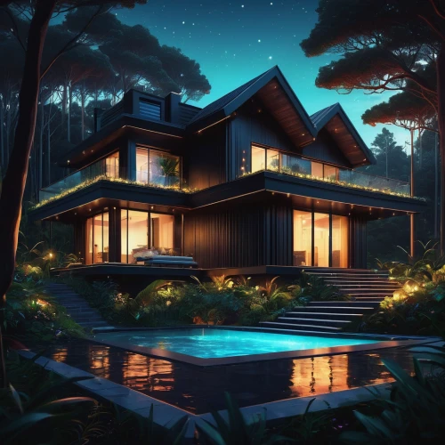 house by the water,house in the forest,tropical house,luxury home,luxury property,holiday villa,summer cottage,modern house,beautiful home,chalet,mid century house,home landscape,log home,the cabin in the mountains,fireflies,house in the mountains,holiday home,wooden house,summer house,pool house,Conceptual Art,Fantasy,Fantasy 21