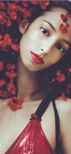 red petals,japanese floral background,geisha girl,red flower,red flowers,beautiful girl with flowers,geisha,red rose,red roses,cherry flower,cherry petals,petal,fallen petals,bleeding heart,girl in flowers,oriental girl,red magnolia,image manipulation,flower background,japanese woman