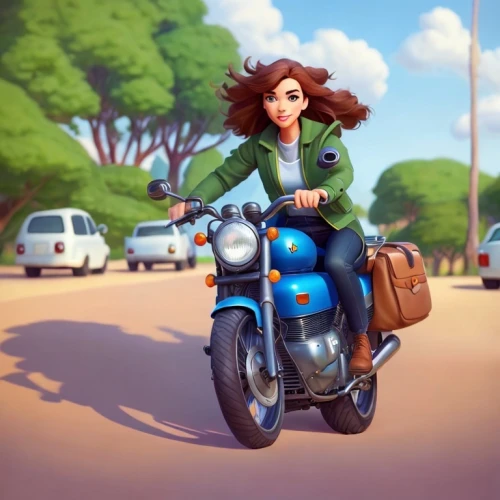 merida,travel woman,woman bicycle,motorbike,cute cartoon character,animated cartoon,motorcycles,scooter riding,motorcycle,cute cartoon image,motorcycle tour,cg artwork,courier driver,traveler,girl with a wheel,biker,motorcycling,motor-bike,electric bicycle,moped,Common,Common,Cartoon