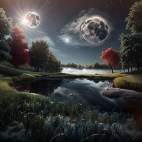 fantasy landscape,fantasy picture,lunar landscape,moonlit night,the night of kupala,landscape background,moon and star background,moonscape,world digital painting,moonlit,fantasy art,photo manipulation,moonbow,dreamland,moons,dream world,photomanipulation,night scene,celestial bodies,digital compositing