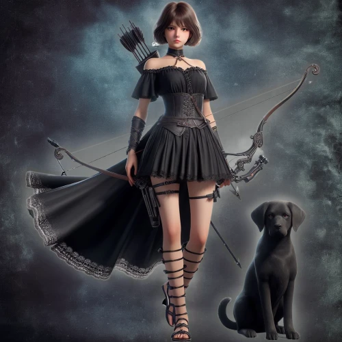 black shepherd,gothic fashion,marionette,gothic dress,huntress,fantasy portrait,artemis,painter doll,fantasy picture,fairy tale character,gothic style,lady justice,pet black,swordswoman,fantasy art,gothic woman,puppeteer,girl with dog,dark angel,fantasy girl