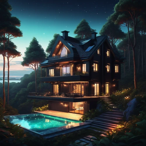 tropical house,house by the water,house in the forest,pool house,summer cottage,beach house,summer house,beachhouse,luxury property,chalet,beautiful home,treehouse,dunes house,holiday villa,log home,cottage,luxury home,secluded,home landscape,house with lake,Conceptual Art,Fantasy,Fantasy 21