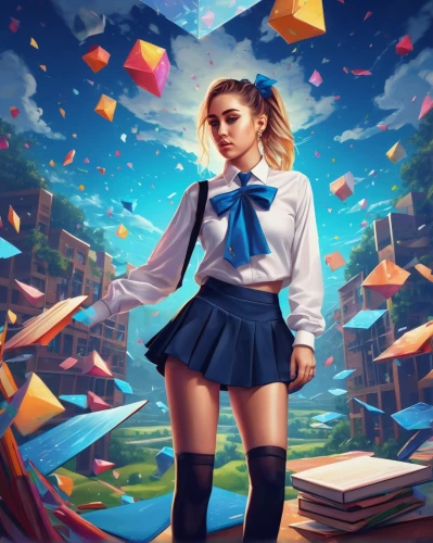 school skirt,librarian,sci fiction illustration,schoolgirl,girl studying,academic,tutor,world digital painting,cg artwork,game illustration,teacher,scholar,mystery book cover,author,cube background,game art,girl with speech bubble,alice,school uniform,book cover,Conceptual Art,Fantasy,Fantasy 21