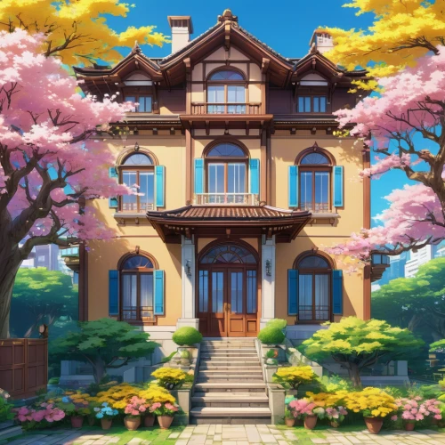 violet evergarden,studio ghibli,beautiful home,house painting,sakura tree,sakura background,japanese sakura background,two story house,dandelion hall,apartment house,sakura branch,country house,house silhouette,private house,sakura trees,frame house,little house,wooden house,house in the forest,home landscape,Illustration,Japanese style,Japanese Style 03