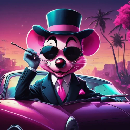 pink panther,the pink panther,color rat,mafia,madagascar,the pink panter,mobster,game illustration,lab mouse icon,spy,dusk background,secret agent,pink cat,weasel,rat na,anthropomorphized animals,twitch icon,retro background,figaro,car hop,Conceptual Art,Fantasy,Fantasy 21