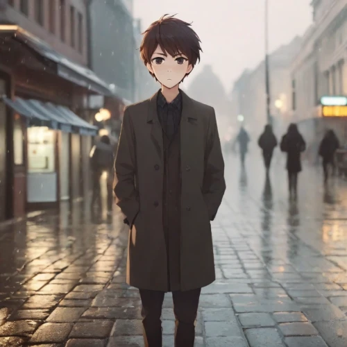 overcoat,anime cartoon,anime japanese clothing,walking in the rain,long coat,pedestrian,anime boy,coat,parka,a pedestrian,main character,walking man,winter clothes,violet evergarden,trench coat,shibuya,standing man,winter clothing,nikko,detective