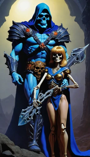 he-man,greyskull,blue enchantress,blue demon,guards of the canyon,warrior and orc,iron mask hero,skylander giants,alien warrior,heroic fantasy,scales of justice,smurf,storm troops,skylanders,mystique,shaper,doctor doom,gear shaper,smurf figure,dane axe,Illustration,American Style,American Style 07