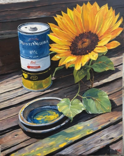paint cans,sunflowers in vase,summer still-life,acrylic paints,round tin can,oil painting on canvas,painting technique,oil paint,helianthus sunbelievable,oil painting,sunflower coloring,sunflower seeds,meticulous painting,tin can,flower painting,paints,acrylic paint,to paint,photo painting,still life of spring,Illustration,Paper based,Paper Based 07