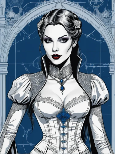 vampire woman,white rose snow queen,suit of the snow maiden,victorian lady,bodice,vampire lady,corset,widow,the snow queen,victorian style,celtic queen,fantasy woman,art deco woman,costume design,sorceress,mystique,lady honor,art nouveau design,sci fiction illustration,steampunk,Unique,Design,Blueprint