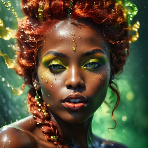 poison ivy,dryad,fantasy portrait,tiana,faery,mystical portrait of a girl,african woman,green mermaid scale,faerie,merfolk,fantasy art,nigeria woman,anahata,merida,water nymph,medusa,mother nature,natura,safflower,linden blossom