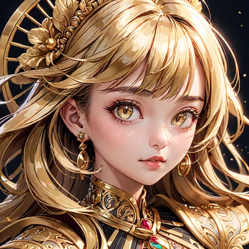 golden crown,gold crown,fantasy portrait,amano,gold filigree,lakshmi,angelica,sultana,golden wreath,ashitaba,mary-gold,ayu,jessamine,gold foil crown,princess' earring,gold color,elza,lux,golden eyes,cg artwork,Anime,Anime,General