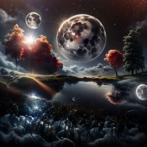 lunar landscape,fantasy landscape,fantasy picture,moonlit night,photo manipulation,moonscape,moons,celestial bodies,the night of kupala,fantasy art,phase of the moon,moon and star background,lunar phases,dream world,moonlit,photomanipulation,moon phase,moonshine,dreamland,3d fantasy