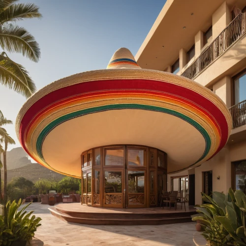 mexican hat,sombrero,flying saucer,mid century modern,round hut,sombrero mist,dunes house,decorative fan,funnel-shaped,satellite dish,casa fuster hotel,inflatable ring,high sun hat,futuristic architecture,beach ball,saucer,conical hat,hotel riviera,musical dome,rotating beacon,Photography,General,Natural