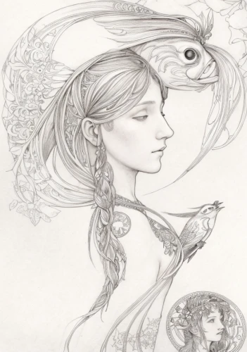 the zodiac sign pisces,faery,faerie,rabbits and hares,female hares,mermaid vectors,dryad,flower and bird illustration,gold foil mermaid,zodiac sign gemini,hand-drawn illustration,mermaid,believe in mermaids,mucha,capricorn mother and child,harpy,fantasy portrait,pencil and paper,hares,fairy peacock