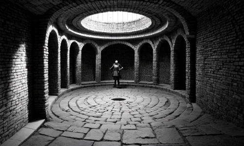 cistern,vaulted cellar,crypt,cellar,catacombs,brick-kiln,hall of the fallen,panopticon,wine cellar,wall tunnel,chamber,corridor,tunnel,vault,the threshold of the house,canal tunnel,passage,blackandwhitephotography,inside courtyard,labyrinth