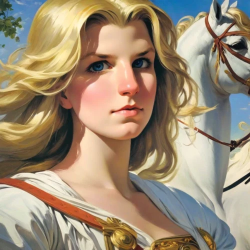 joan of arc,sagittarius,angel moroni,a white horse,white lady,portrait of a girl,constellation unicorn,white horse,fantasy portrait,palomino,blonde woman,artemisia,girl in a historic way,artemis,st george,zodiac sign libra,balalaika,portrait of christi,pegasus,cepora judith