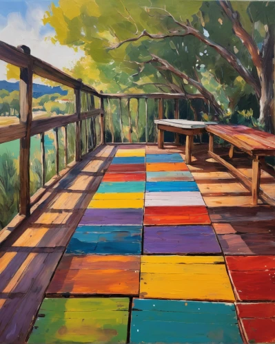 picnic table,wooden bridge,walkway,outdoor table,benches,pathway,rainbow bridge,bench,boardwalk,wooden bench,footbridge,pergola,wooden path,outdoor bench,slide canvas,painting technique,park bench,patio,school benches,color fields,Illustration,Paper based,Paper Based 07