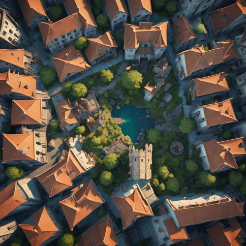 escher village,medieval town,roofs,aerial landscape,blocks of houses,knight village,skyscraper town,house roofs,townscape,spa town,dubrovnik city,alpine village,above the city,roof landscape,city walls,rooftops,city moat,bird's-eye view,town planning,from above,Conceptual Art,Fantasy,Fantasy 02