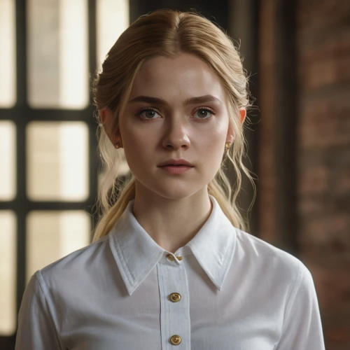 white shirt,polo shirt,cotton top,dress shirt,liberty cotton,portrait of a girl,waitress,elegant,in a shirt,a uniform,nurse uniform,piper,angelic,angel face,elsa,pale,collar,angel,young woman,lena,Photography,General,Natural