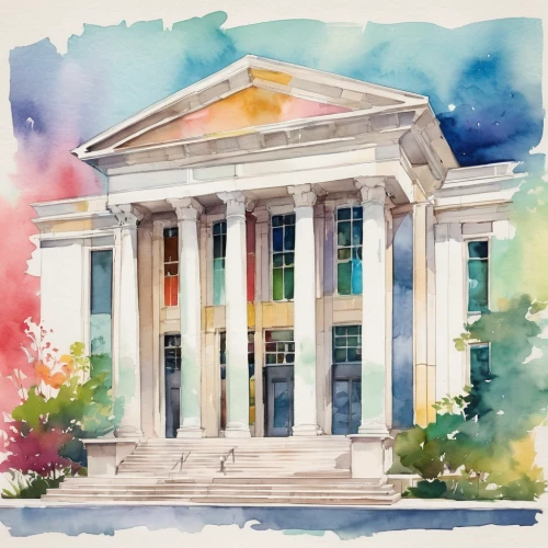 athenaeum,peabody institute,facade painting,doric columns,athens art school,arts loi,national archives,us supreme court building,church painting,houston methodist,classical architecture,colorful facade,lecture hall,courthouse,supreme court,us supreme court,watercolor wreath,public library,greek temple,columns,Illustration,Paper based,Paper Based 25