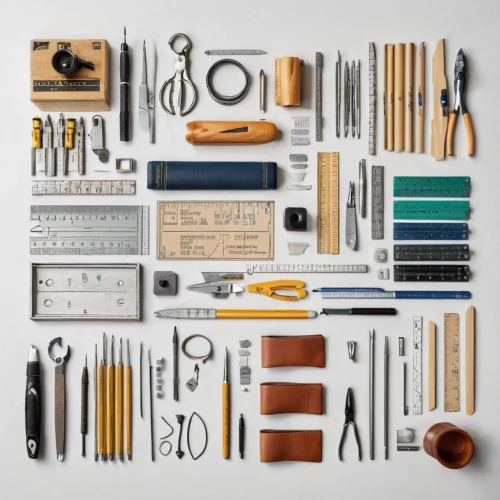 art tools,stationery,building materials,sewing tools,school tools,graphic design studio,office supplies,art materials,industrial design,tools,materials,design elements,art supplies,flat lay,workbench,craftsman,writing implements,craft products,toolbox,organization,Unique,Design,Knolling