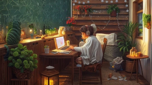 girl at the computer,girl studying,working space,computer,study room,computer addiction,desk,workspace,computer room,man with a computer,world digital painting,apothecary,writing desk,night administrator,evening atmosphere,computer desk,studio ghibli,watercolor tea shop,playing room,sci fiction illustration,Game Scene Design,Game Scene Design,Pixel Art Style