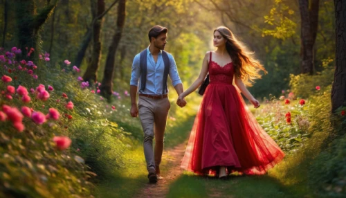 fantasy picture,romantic scene,garden of eden,way of the roses,a fairy tale,romantic portrait,fairytale,girl and boy outdoor,the luv path,fairy tale,man in red dress,pathway,forest walk,forest path,romantic look,promenade,enchanted forest,landscape background,forest background,clove garden
