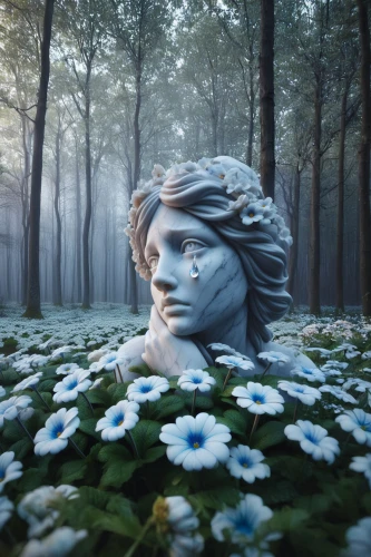 mother earth statue,photo manipulation,girl in a wreath,photomanipulation,girl in the garden,3d fantasy,dryad,mother earth,woman sculpture,rusalka,girl in flowers,flora,photoshop manipulation,fallen flower,forget me not,forget-me-not,medusa,fantasy portrait,mother nature,garden statues