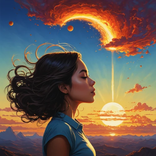rosa ' amber cover,sci fiction illustration,moana,sun,world digital painting,sol,mystical portrait of a girl,sunset glow,celestial,mystery book cover,burning hair,fantasy portrait,fiery,sun moon,solar flare,fantasy picture,sunset,flare,book cover,astronomer,Conceptual Art,Daily,Daily 02