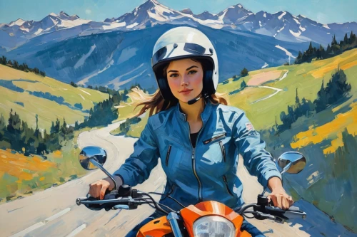 woman bicycle,girl with a wheel,motorcyclist,scooter riding,motorbike,motorcycle,piaggio,moped,vespa,motor scooter,bicycle helmet,motorcycles,motorcycle tour,motorcycle helmet,oil painting,motorcycling,motorcycle racer,motor-bike,scooter,ktm,Conceptual Art,Oil color,Oil Color 10