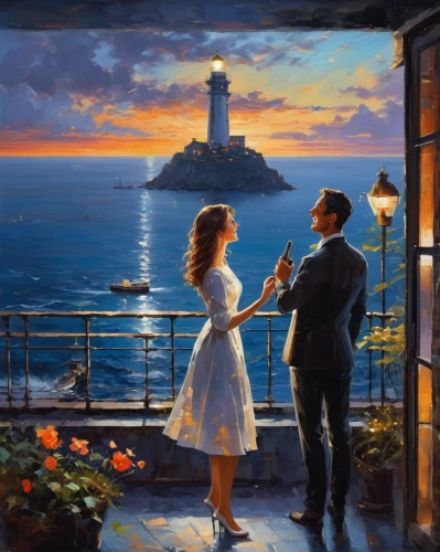 romantic scene,romantic portrait,romantic night,young couple,loving couple sunrise,serenade,oil painting on canvas,romantic,oil painting,romantic dinner,art painting,courtship,honeymoon,italian painter,engagement,la violetta,motif,ocean view,evening atmosphere,in the evening,Conceptual Art,Oil color,Oil Color 06