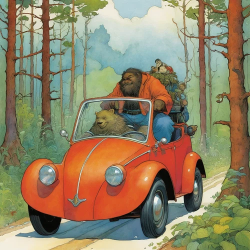 roadtrip,road trip,volkswagon,camping car,forest workers,citroën nemo,the beetle,volkswagen 181,vw bulli,travelers,open hunting car,vintage illustration,wild animals crossing,motoring,forest animals,2cv,subaru 360,witch driving a car,1000miglia,bamboo car,Illustration,Realistic Fantasy,Realistic Fantasy 04