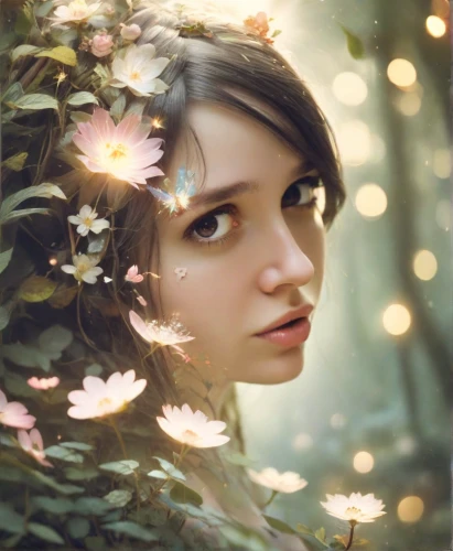 girl in flowers,beautiful girl with flowers,faery,faerie,mystical portrait of a girl,girl in a wreath,flower fairy,wood anemones,romantic portrait,tree anemone,little girl fairy,girl in the garden,forest flower,fantasy portrait,fairy,fairy queen,dryad,elven flower,fae,enchanting