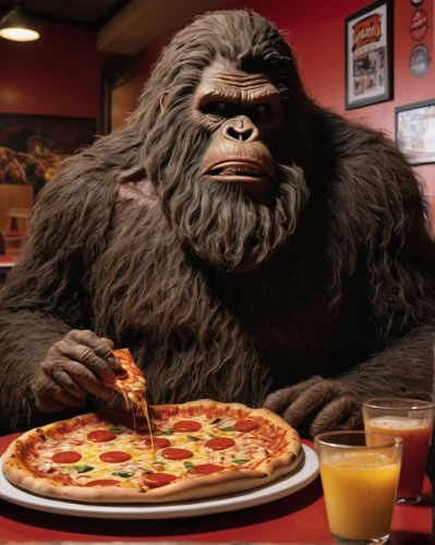 pizza hut,gorilla,king kong,kong,anthropomorphized animals,date night,great apes,ape,pizzeria,food icons,silverback,primate,pizza hawaii,pizza service,chimpanzee,order pizza,digital compositing,kids' meal,the pizza,monkey banana,Illustration,American Style,American Style 08